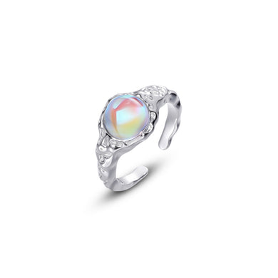 925 Sterling Silver Fashion Simple Irregular Convex Geometric Colorful Imitation Moonstone Adjustable Open Ring