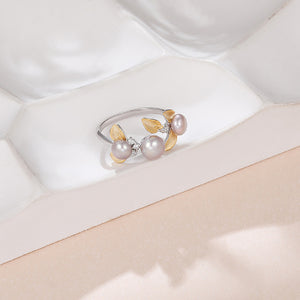 925 Sterling Silver Fashion Simple Gold Leaf Purple Freshwater Pearl Adjustable Open Ring