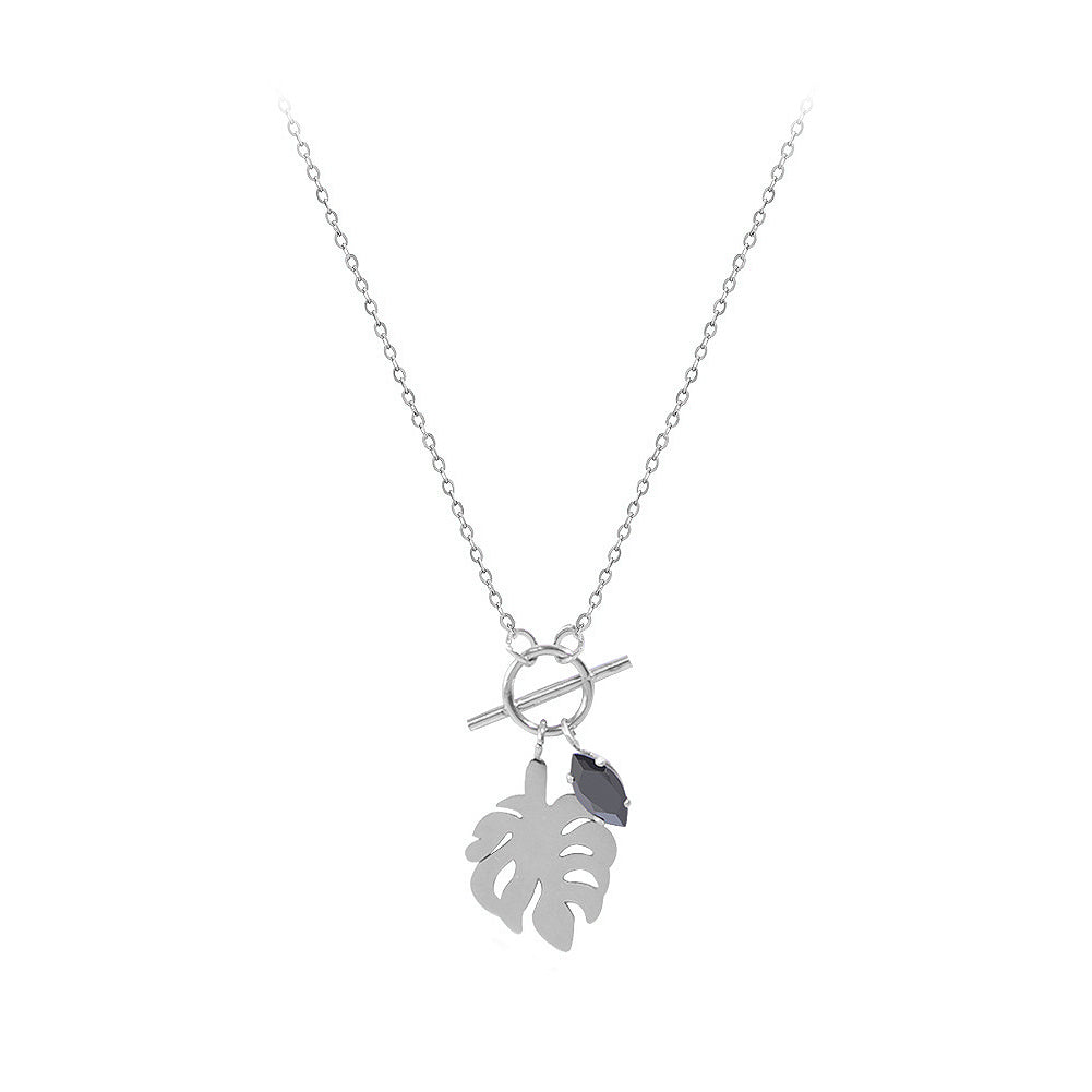 Fashion Temperament 316L Stainless Steel Leaf Pendant with Black Cubic Zirconia and Necklace