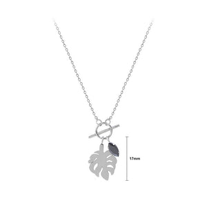 Fashion Temperament 316L Stainless Steel Leaf Pendant with Black Cubic Zirconia and Necklace