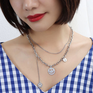 Fashion Temperament 316L Stainless Steel Smiley Geometric Round Tassel Pendant with Double Layer Necklace