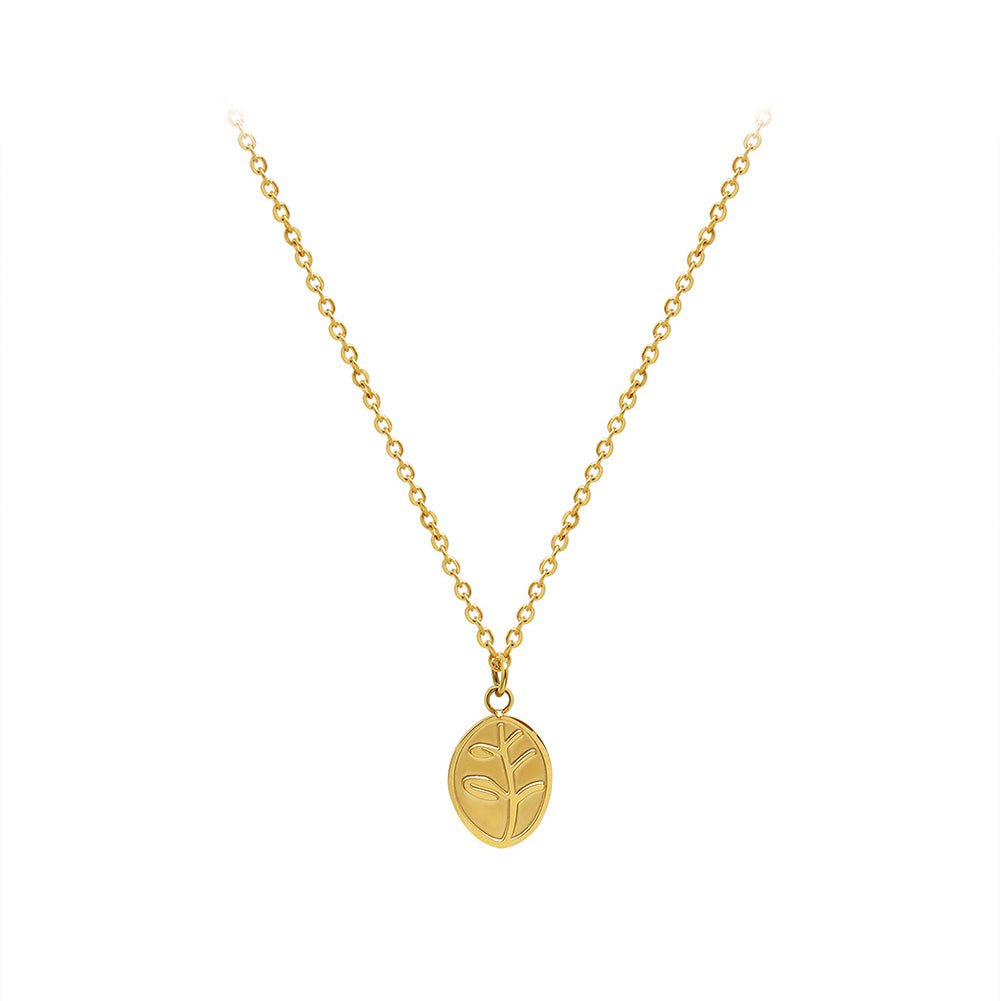 Fashion Simple Plated Gold 316L Stainless Steel Leaf Geometric Oval Pendant with Necklace