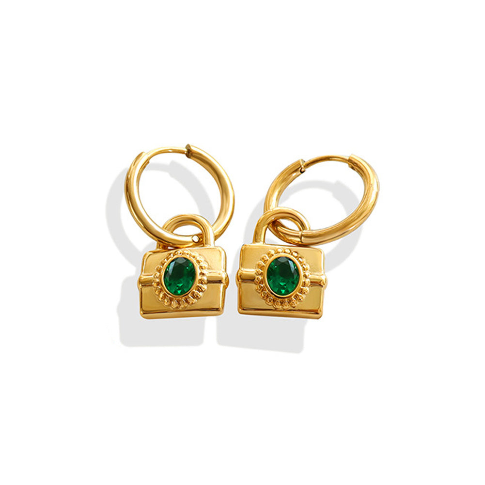 Fashion and Elegant Plated Gold 316L Stainless Steel Lock Earrings with Green Cubic Zirconia