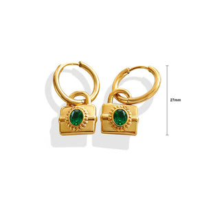 Fashion and Elegant Plated Gold 316L Stainless Steel Lock Earrings with Green Cubic Zirconia