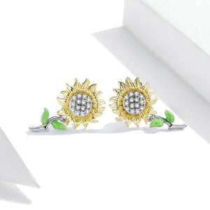 925 Sterling Silver Fashion Bright Sunflower Stud Earrings with Cubic Zirconia