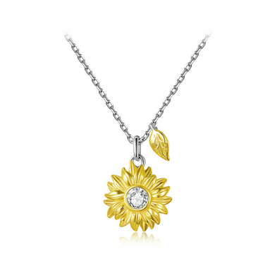 925 Sterling Silver Fashion Elegant Gold Sunflower Pendant with Cubic Zirconia and Necklace