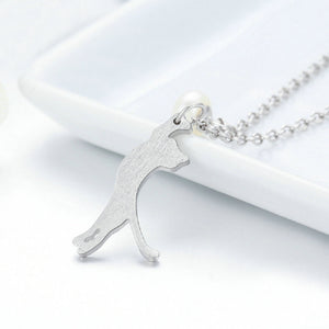 925 Sterling Silver Simple Cute Cat Imitation Pearl Pendant with Necklace