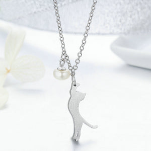 925 Sterling Silver Simple Cute Cat Imitation Pearl Pendant with Necklace