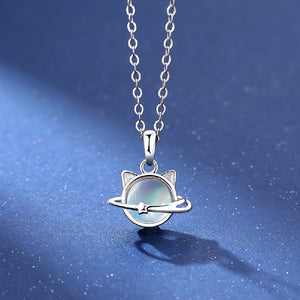 925 Sterling Silver Fashionable Cat Planet Pendant with Moonstone and Necklace
