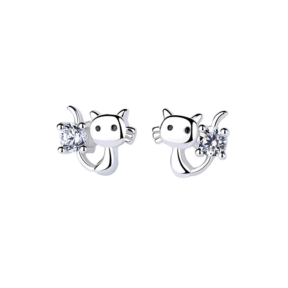 925 Sterling Silver Simple Cute Cat Stud Earrings with Cubic Zirconia