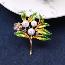 Load image into Gallery viewer, Fashion Elegant Plated Gold Enamel Leaf Floral Imitation Pearl Brooch with Cubic Zirconia