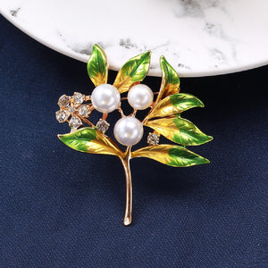 Fashion Elegant Plated Gold Enamel Leaf Floral Imitation Pearl Brooch with Cubic Zirconia