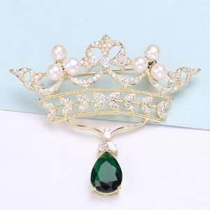 Fashion Temperament Plated Gold Crown Imitation Pearl Brooch with Cubic Zirconia