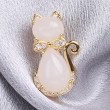 Load image into Gallery viewer, Simple and Cute Plated Gold Cat Imitation Opal Brooch with Cubic Zirconia