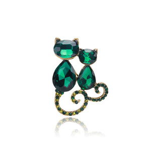 Fashion Lovely Plated Gold Double Cat Brooch with Green Cubic Zirconia