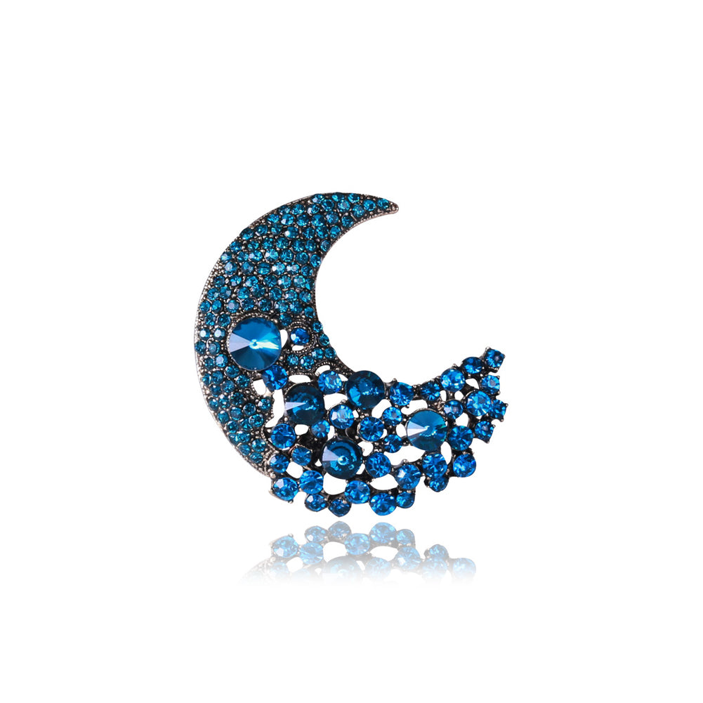 Fashion Brilliant Plated Gold Moon Brooch with Blue Cubic Zirconia