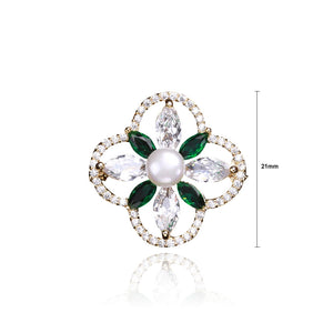 Fashion and Elegant Plated Gold Four-leafed Clover Imitation Pearl Brooch with Cubic Zirconia