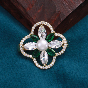 Fashion and Elegant Plated Gold Four-leafed Clover Imitation Pearl Brooch with Cubic Zirconia