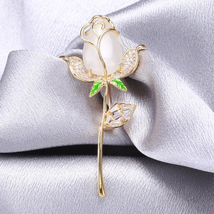 Fashion and Elegant Plated Gold Rose Imitation Opal Brooch with Cubic Zirconia