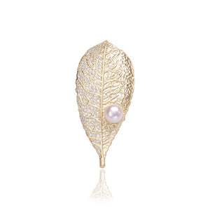Fashion Simple Plated Gold Leaf Imitation Pearl Brooch with Cubic Zirconia