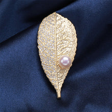 Load image into Gallery viewer, Fashion Simple Plated Gold Leaf Imitation Pearl Brooch with Cubic Zirconia