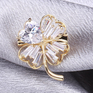 Simple Fashion Plated Gold Four-leafed Clover Brooch with Cubic Zirconia
