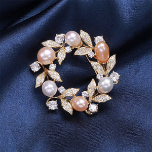 Elegant Temperament Plated Gold Olive Branch Leaf Imitation Pearl Brooch with Cubic Zirconia