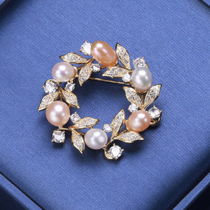 Elegant Temperament Plated Gold Olive Branch Leaf Imitation Pearl Brooch with Cubic Zirconia