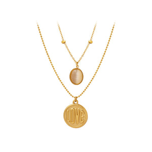 Fashion Simple Plated Gold 316L Stainless Steel LOVE Geometric Round Opal Pendant with Double Layer Necklace
