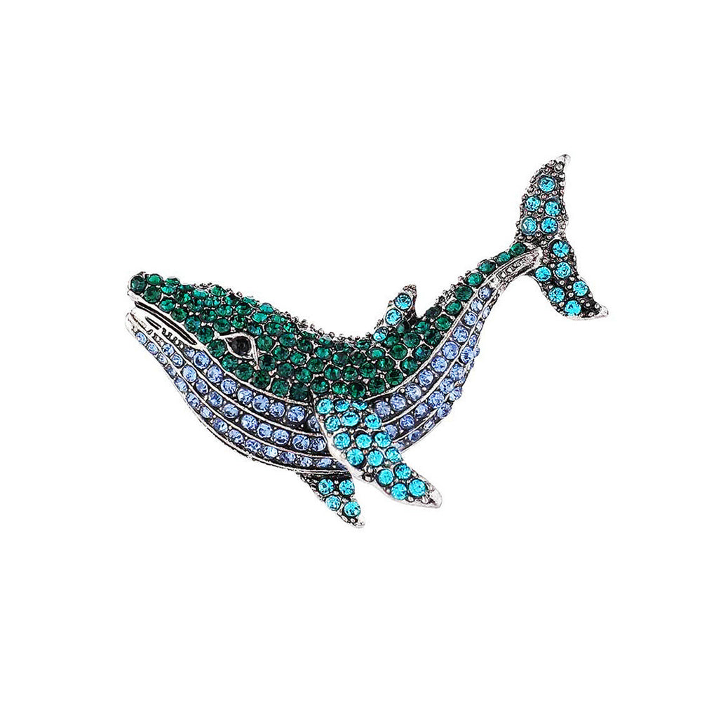 Brilliant Lovely Blue-Green Dolphin Brooch with Cubic Zirconia