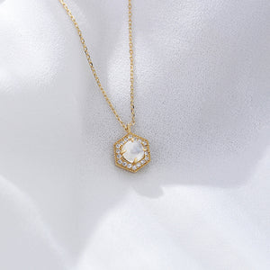 925 Sterling Silver Plated Gold Fashion Simple Hexagon Geometric Moonstone Pendant with Cubic Zirconia and Necklace