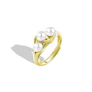925 Sterling Silver Plated Gold Simple Personality Irregular Geometric Adjustable Ring with White Freshwater Pearls