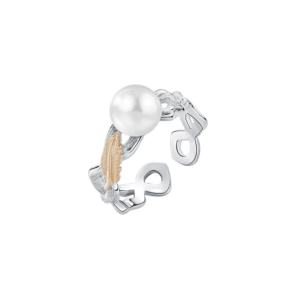 925 Sterling Silver Fashion Simple Gold Leaf White Freshwater Pearl Adjustable Open Ring