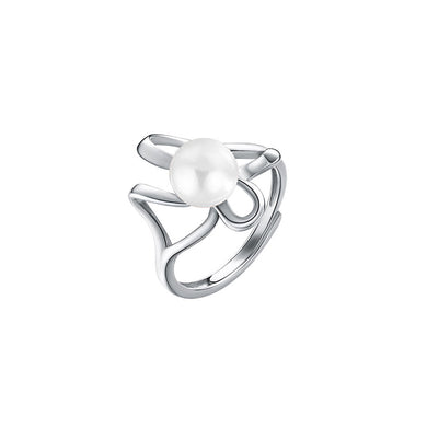 925 Sterling Silver Fashion Personality Irregular Line Geometric Adjustable Ring with White Freshwater Pearls