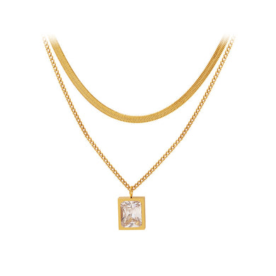 Fashion Simple Plated Gold 316L Stainless Steel Geometric Square Pendant with Cubic Zirconia and Double Layer Necklace