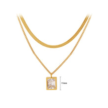Load image into Gallery viewer, Fashion Simple Plated Gold 316L Stainless Steel Geometric Square Pendant with Cubic Zirconia and Double Layer Necklace