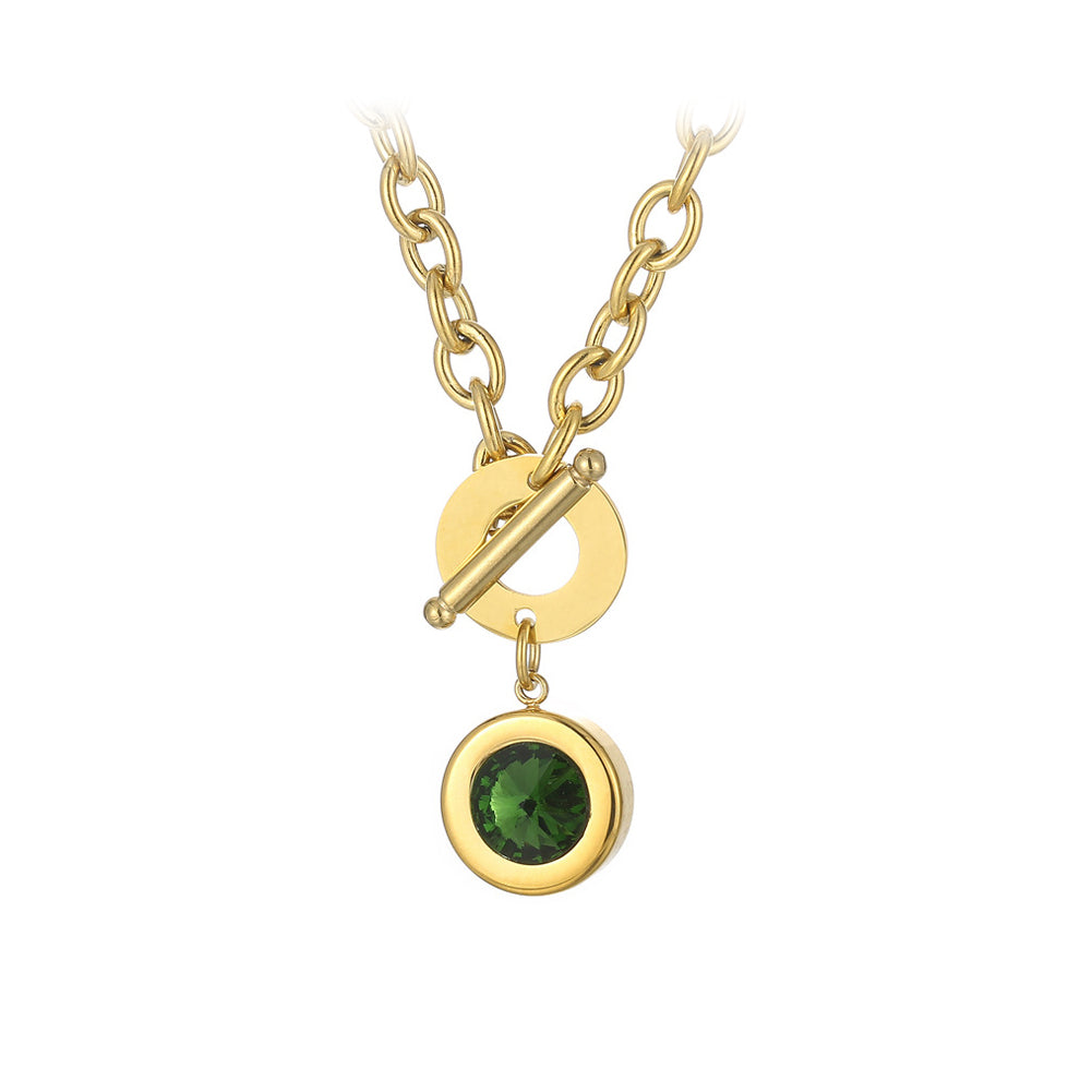 Simple Fashion Gold Plated 316L Stainless Steel Geometric Round Pendant with Green Cubic Zirconia and OT Buckle Necklace
