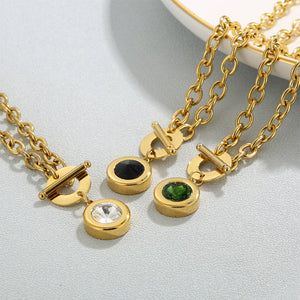 Simple Fashion Gold Plated 316L Stainless Steel Geometric Round Pendant with Green Cubic Zirconia and OT Buckle Necklace