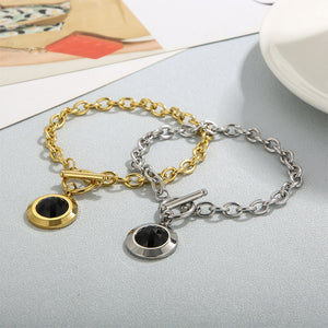 Fashion Simple 316L Stainless Steel Geometric Round Chain Bracelet with Black Cubic Zirconia
