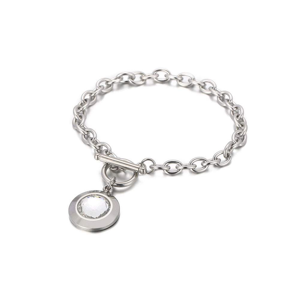 Fashion Simple 316L Stainless Steel Geometric Round Chain Bracelet with White Cubic Zirconia