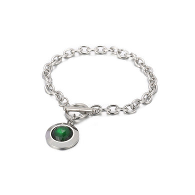 Fashion Simple 316L Stainless Steel Geometric Round Chain Bracelet with Green Cubic Zirconia
