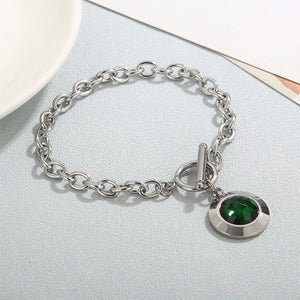Fashion Simple 316L Stainless Steel Geometric Round Chain Bracelet with Green Cubic Zirconia