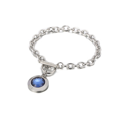 Fashion Simple 316L Stainless Steel Geometric Round Chain Bracelet with Blue Cubic Zirconia