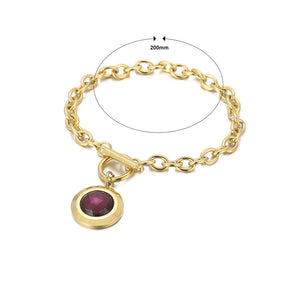 Fashion Simple Plated Gold 316L Stainless Steel Geometric Round Chain Bracelet with Purple Cubic Zirconia