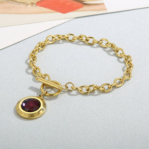 Fashion Simple Plated Gold 316L Stainless Steel Geometric Round Chain Bracelet with Purple Cubic Zirconia