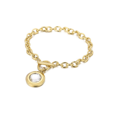 Fashion Simple Plated Gold 316L Stainless Steel Geometric Round Chain Bracelet with White Cubic Zirconia