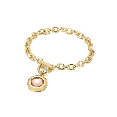 Fashion Simple Plated Gold 316L Stainless Steel Geometric Round Chain Bracelet with Champagne Cubic Zirconia