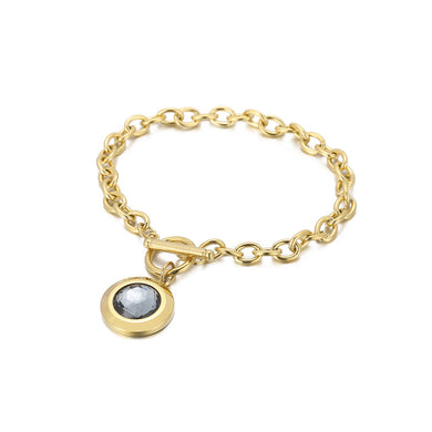 Fashion Simple Plated Gold 316L Stainless Steel Geometric Round Chain Bracelet with Grey Cubic Zirconia