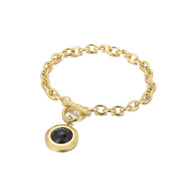 Fashion Simple Plated Gold 316L Stainless Steel Geometric Round Chain Bracelet with Black Cubic Zirconia