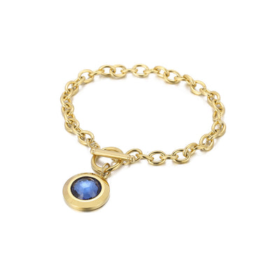 Fashion Simple Plated Gold 316L Stainless Steel Geometric Round Chain Bracelet with Blue Cubic Zirconia
